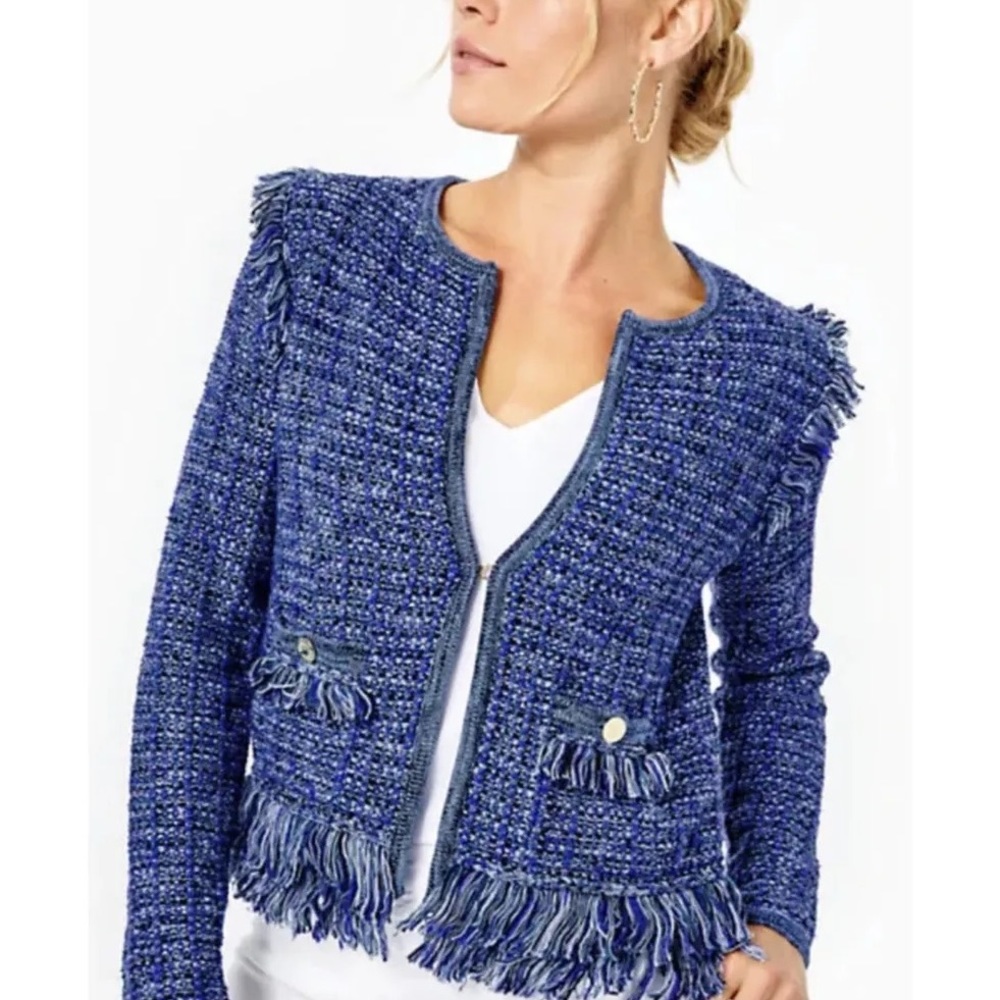 Lilly Pulitzer Simora Cardigan In Oyster Bay Navy Exotic Tweed/Fringe XS